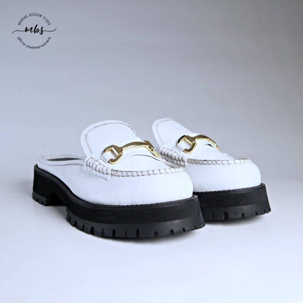 Nasty Gal Leather Chunky Backless Loafers White Gold Women UK 8 EU‎ 41 US 10 - Picture 3 of 15